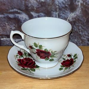 Vintage Gainsborough English Bone China Teacup & Saucer Red Rose & Gold Gilt